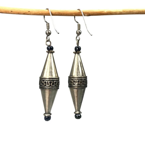 Vintage Indian Silver Etruscan Style Earrings with Bicone Dangle and Hematite - Picture 2 of 4